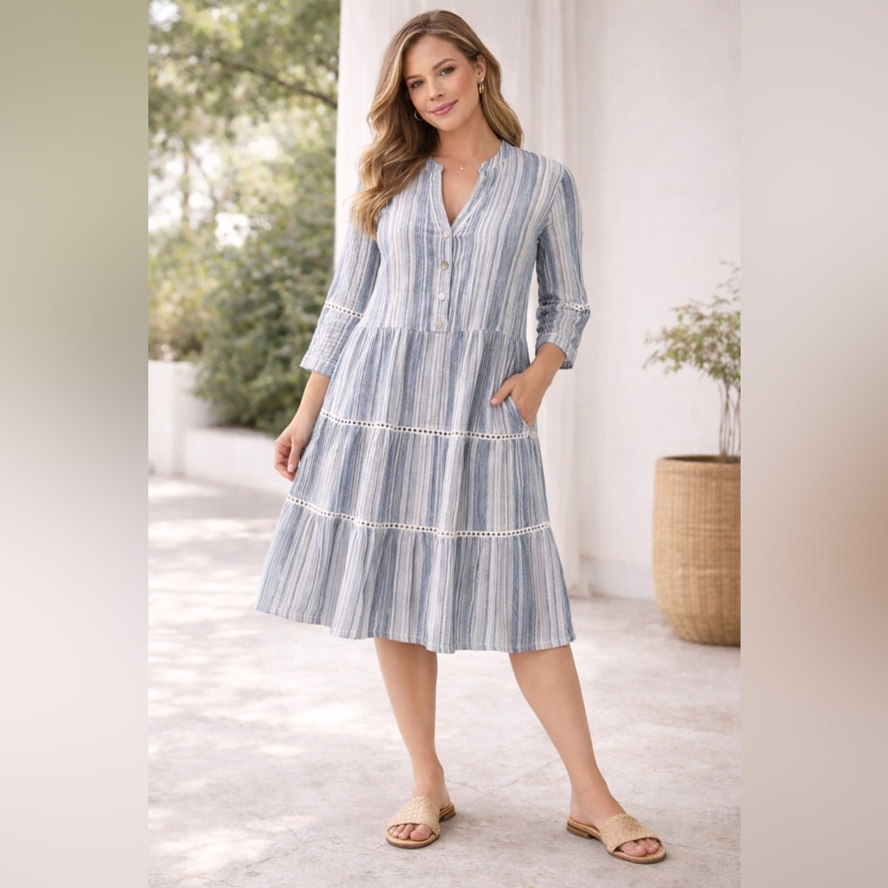 Dia & Co Boho Striped Cotton Maxi Dress Size L Blue White Tiered